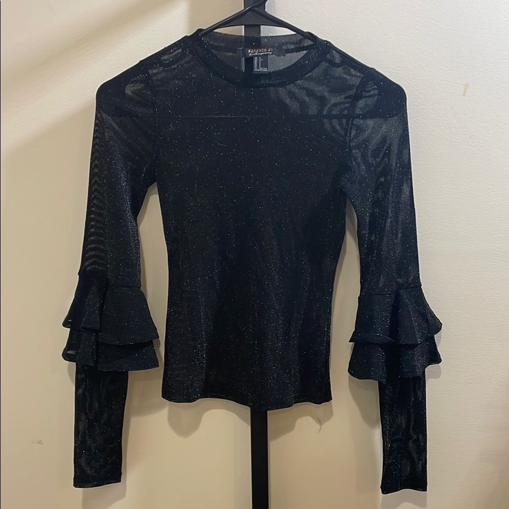 Forever 21 Black Glitter Ruffle Sleeve Top